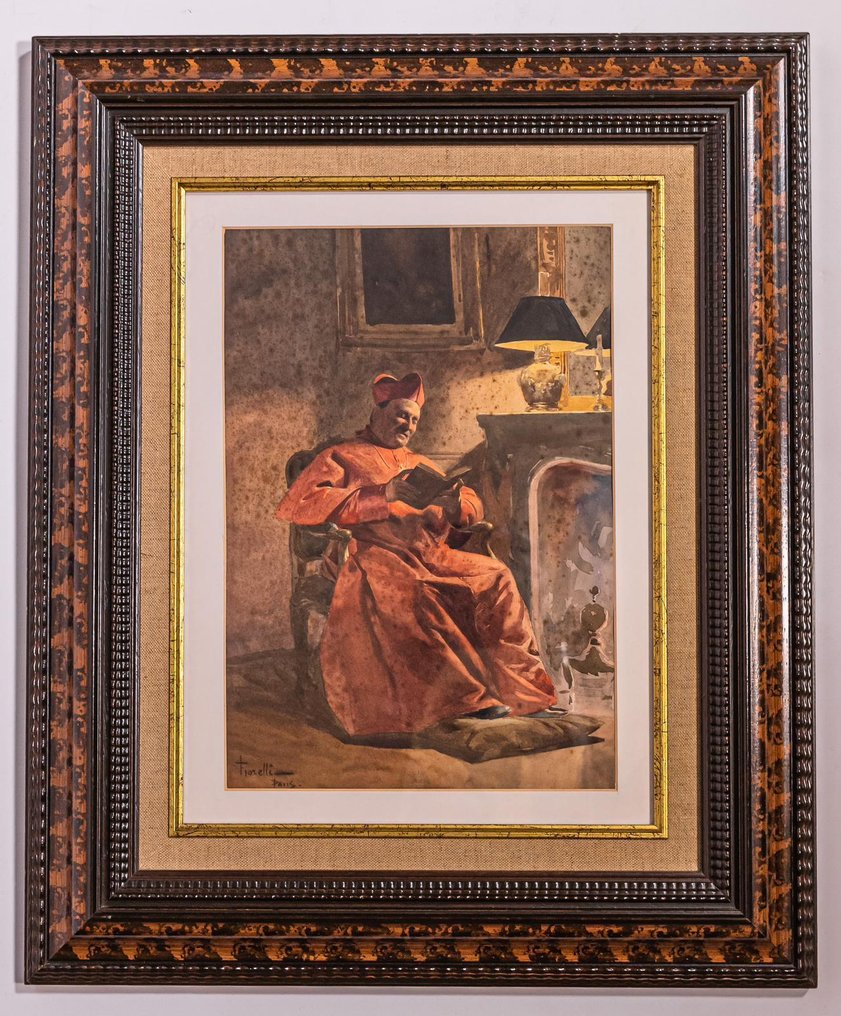 Fiorelli Paris, Gouache, 'Cardinal Sitting by the Fireplace' - Paper - 1850-1900 #1.0