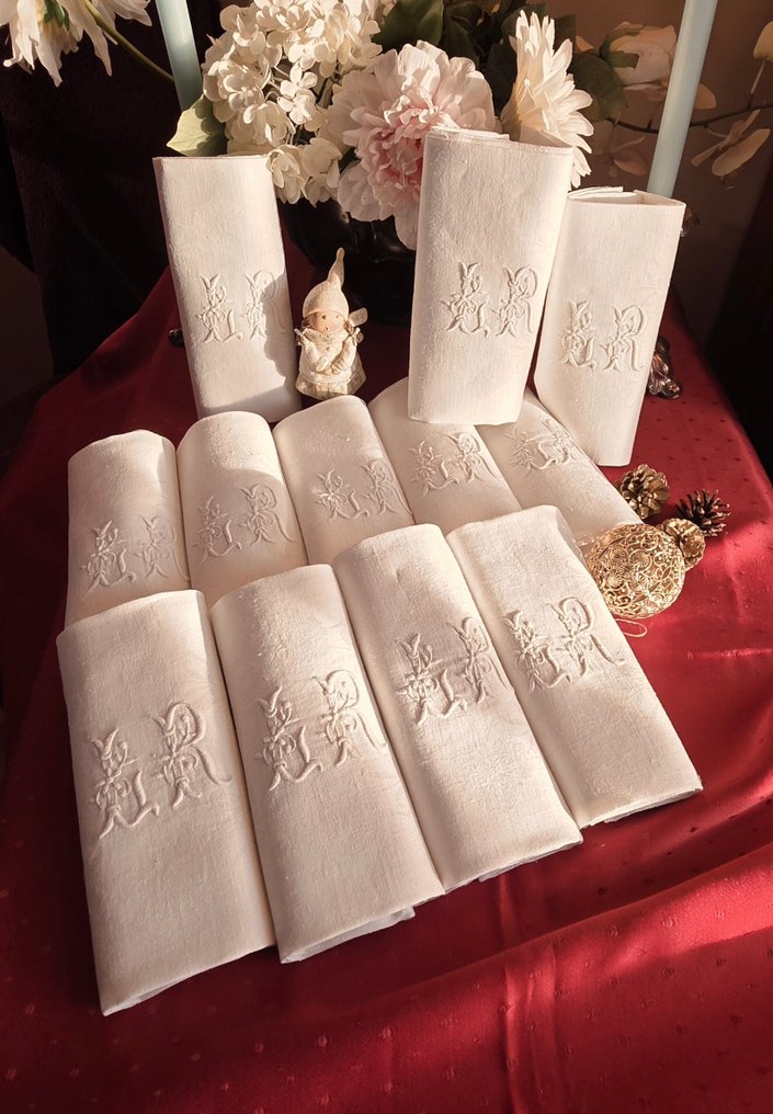 12条漂亮的提花亚麻餐巾，带有L R的字母组合。 - 餐巾 (12)  - 70 cm - 60 cm #1.0