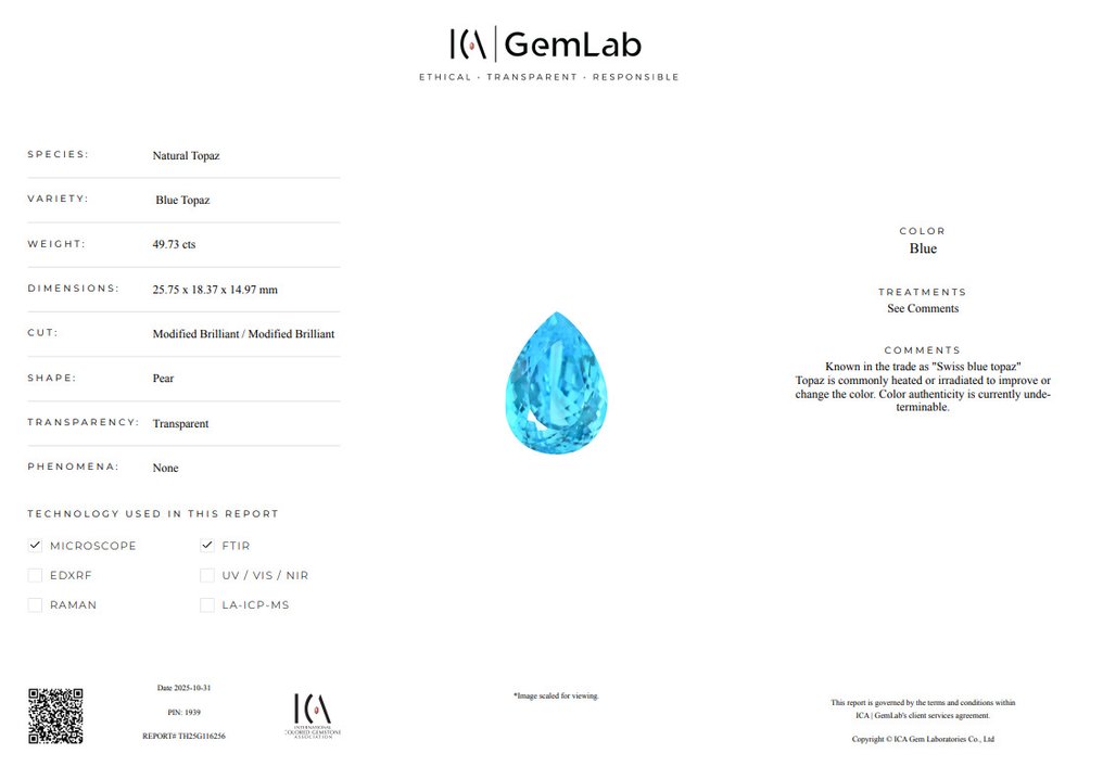 沒有保留價 - 1 pcs  藍色 黃玉  - 49.73 ct - 國際有色寶石協會 (ICA GemLab) - 瑞士蓝拓帕斯 #4.3