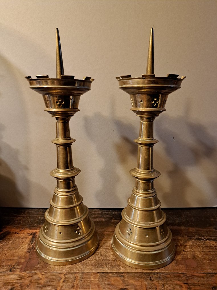 Paire de candélabres d'église en bronze ancien - 38 cm - 4 kg (2) - Antique - Bronze - 1850-1900 #2.1