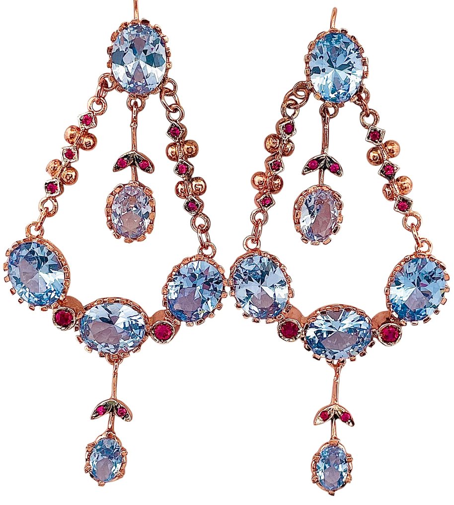 没有保留价 - 耳环 - 9 kt. 玫瑰金, 银 海蓝宝石 - 红宝石 #1.0