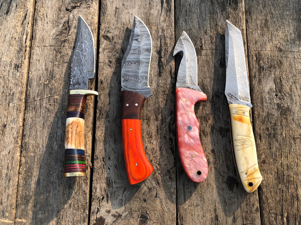 廚刀 - 享有盛誉的手工狩猎刀，锻钢，鹿角，木材及稀有手柄 - 北美 - 皮套 A13 #3.2