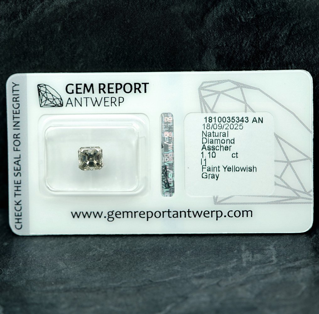 1 pcs Διαμάντι  (Φυσικού χρώματος)  - 1.10 ct - Τετράγωνο - Faint Κιτρινωπό Γκρίζο - I1 - Gem Report Antwerp (GRA) #1.0