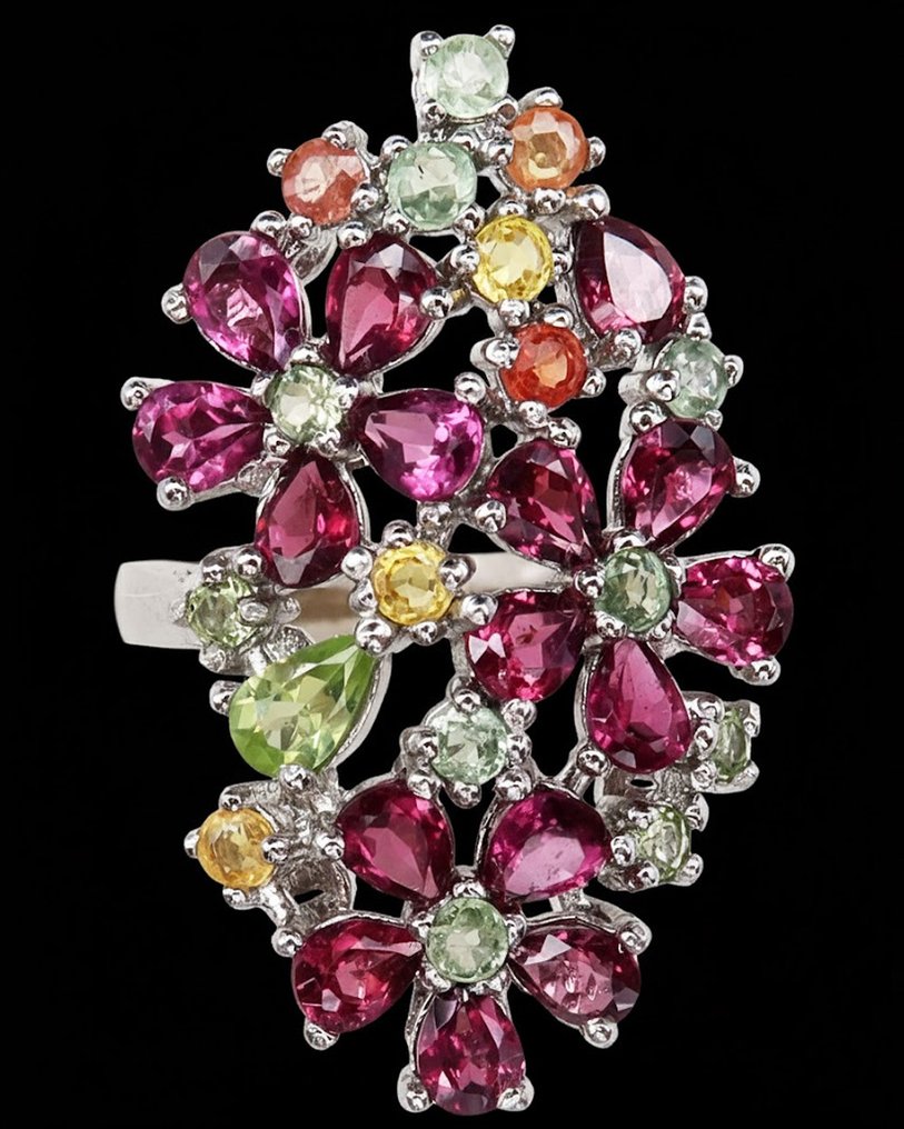 Ασημί, Δαχτυλίδι «Λουλούδι των Πολύτιμων Λίθων»: Ανάπτυξη & Χαρά της Ζωής - Ασήμι 925, Ρουμπίνι, Σαφάιρι, - Δαχτυλίδι #1.0