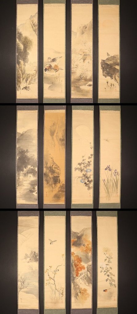 Πολύ καλό σετ τεσσάρων εποχών μέσα από δώδεκα μήνες, υπογεγραμμένο - συμπεριλαμβανομένου του - Χαρτί - Fujii Shozan (1880-1967) - Ιαπωνία - πρώτο μισό του 20ού αιώνα #1.0