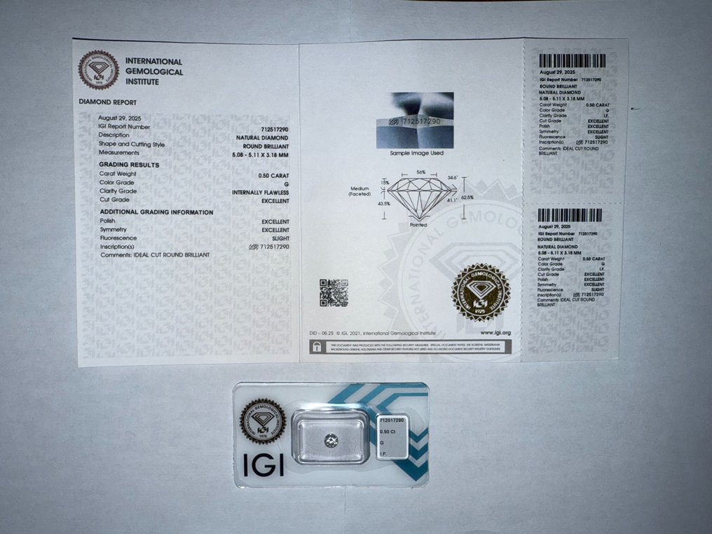 1 pcs Διαμάντι (Φυσικό) - 0.50 ct - Στρογγυλό - G - IF - International Gemological Institute (IGI) #1.0