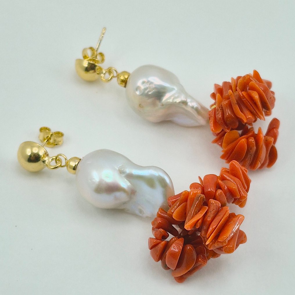 紅珊瑚 - 銀, 鍍金 - 耳環 - 珍珠与红珊瑚 #4.3