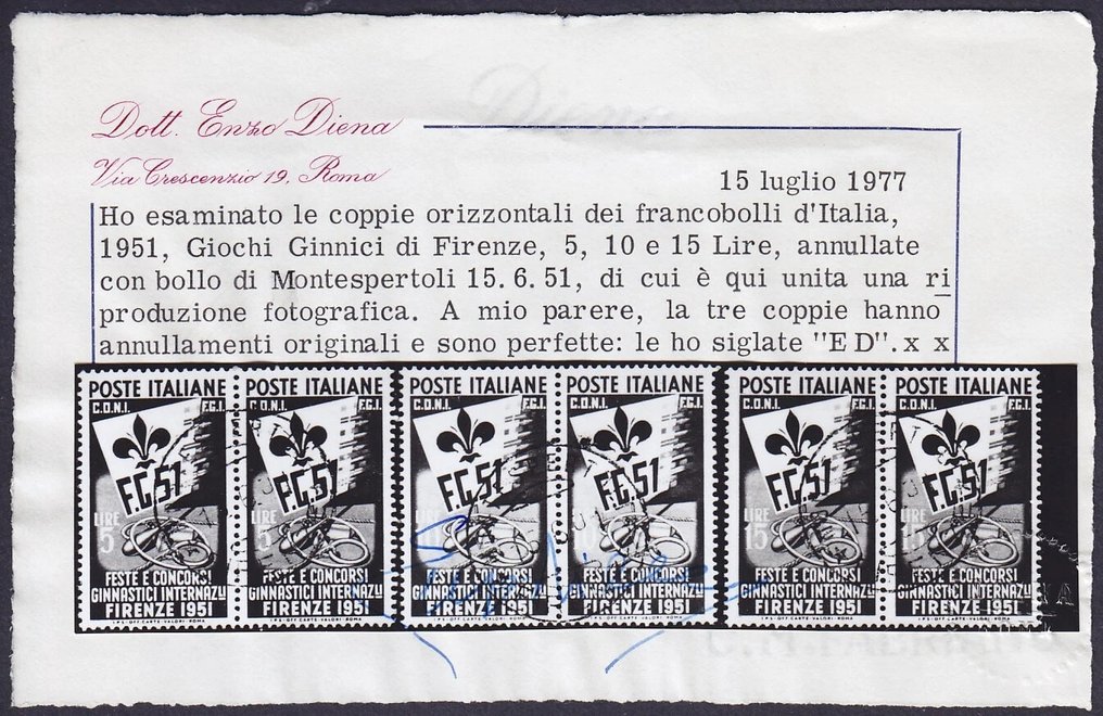 Ιταλική Δημοκρατία  - Ιταλία 1951 «Γυμναστικοί Αγώνες Φλωρεντίας» τρεις αξίες σε ζεύγος με σφραγίδα στις 15.6.51 © Ε. #1.0