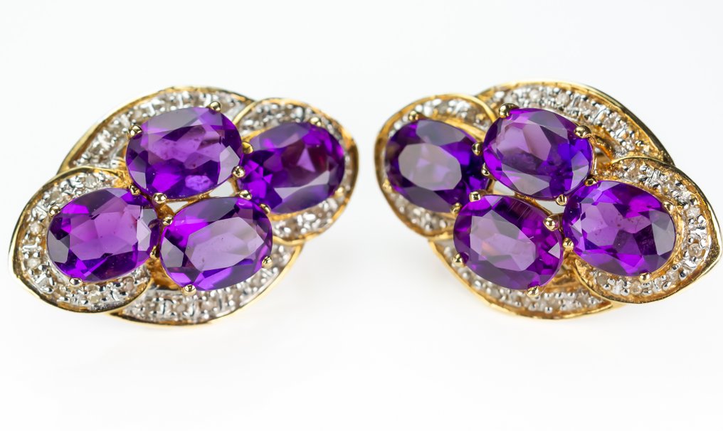 Boucles d'oreilles - 14 carats Or jaune Améthyste - Diamant - Boucles d'oreilles - French clip #1.0