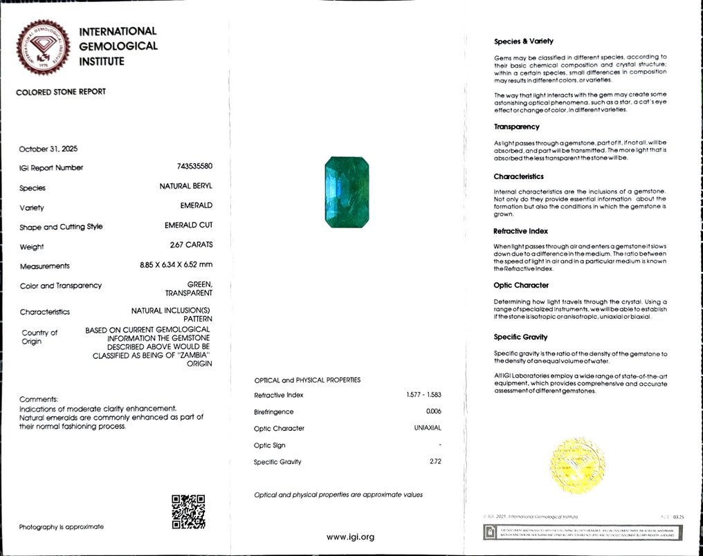 Smaragd  - 2.67 ct - International Gemological Institute (IGI) #2.1