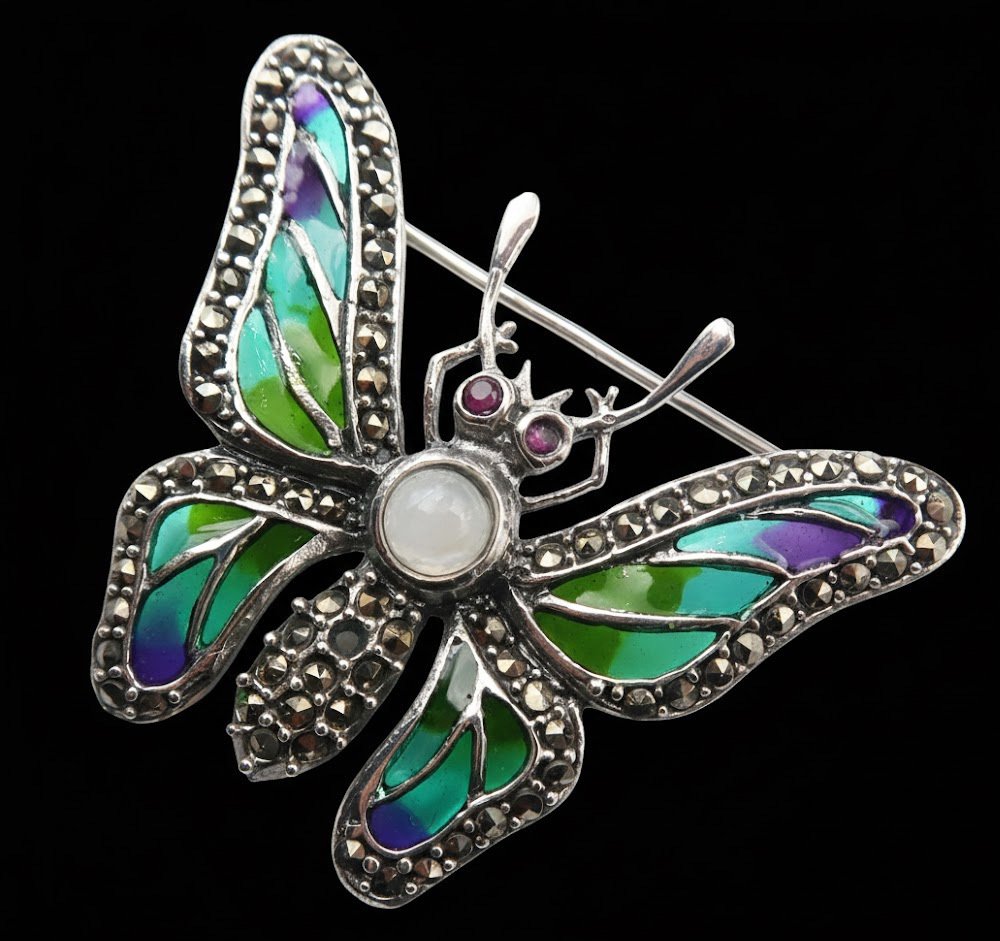 Rubino - Argento, Pierre de lune - Spilla del Papillon Sacré : Custode dell'Anima & Messaggero della Felicità - - Spilla #1.0