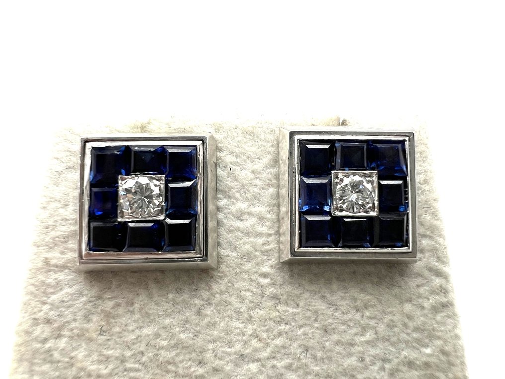 耳环 - 18K包金 白金 -  0.20ct. tw. 钻石 (天然)  - 蓝宝石 #1.0