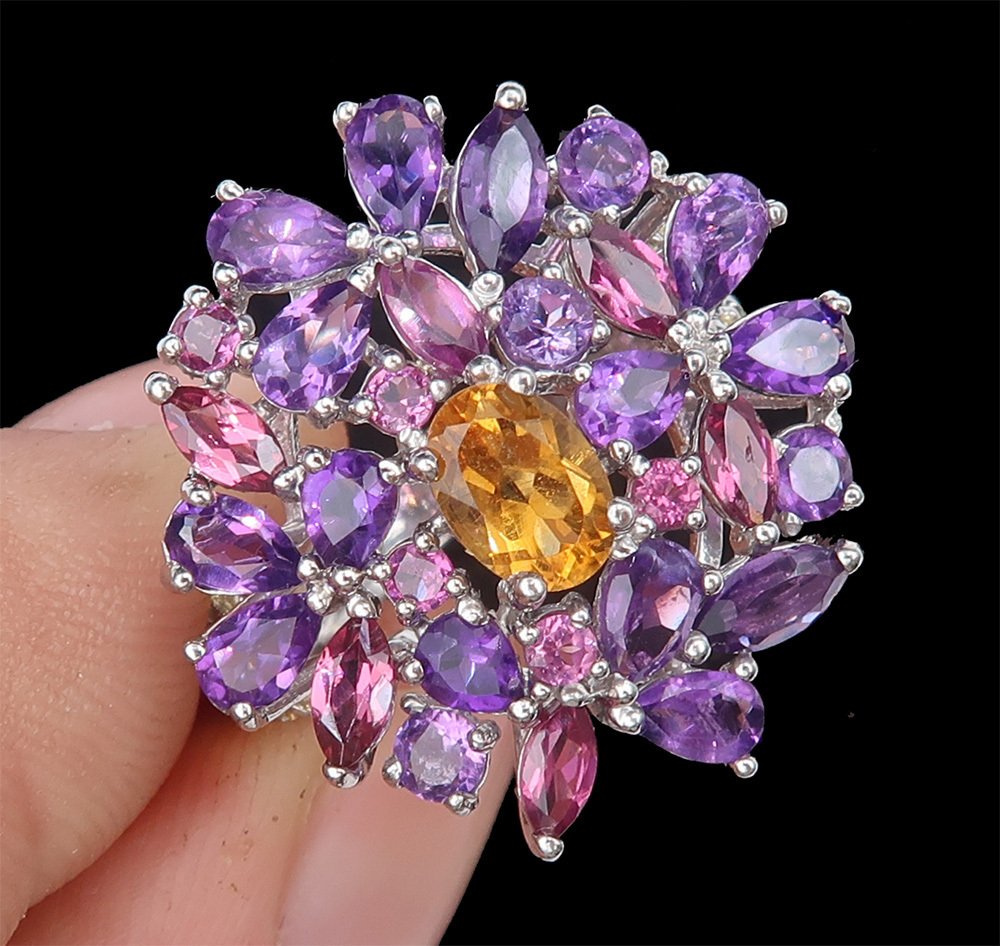 黄水晶 - 银, “星夜”戒指：天指导与宇宙和谐 - 925纯银、紫水晶、石榴石、蓝宝石 - 戒指 #3.2