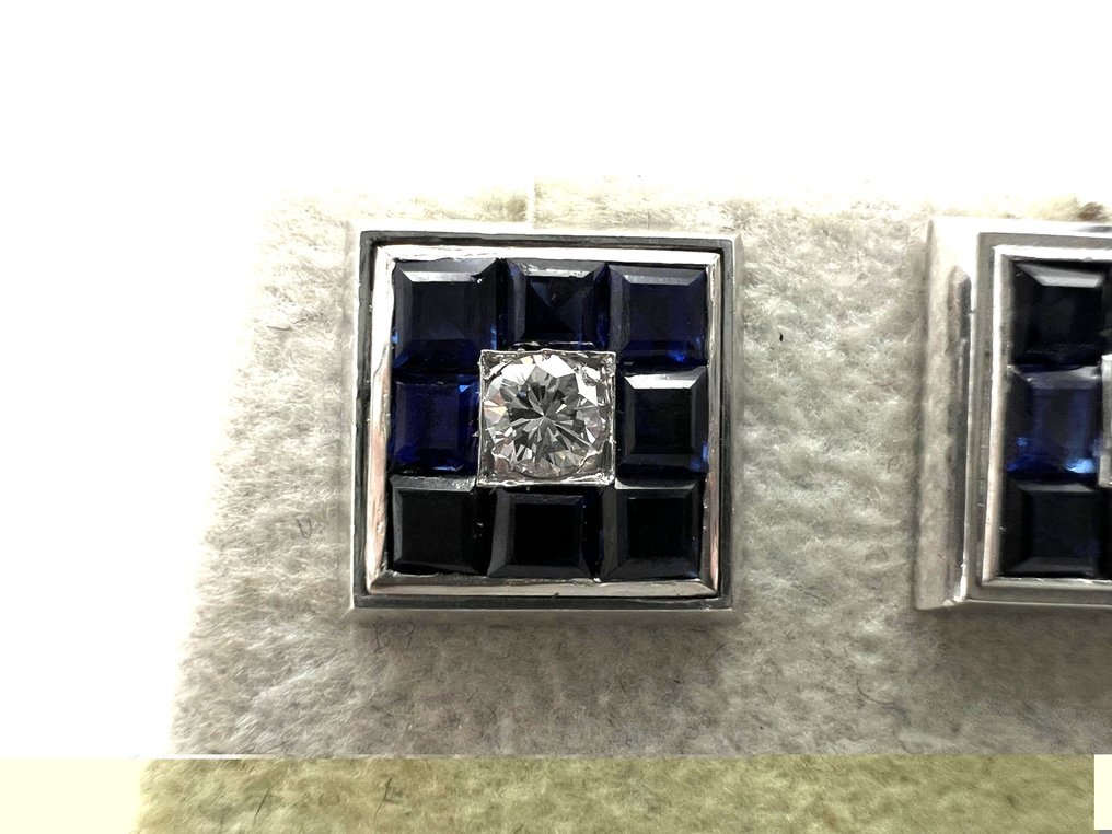 耳环 - 18K包金 白金 -  0.20ct. tw. 钻石 (天然)  - 蓝宝石 #3.2