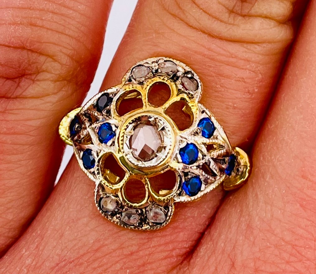 没有保留价 - 戒指 - 9 kt. 黄金, 银 钻石 (天然)  - 蓝宝石 #2.1