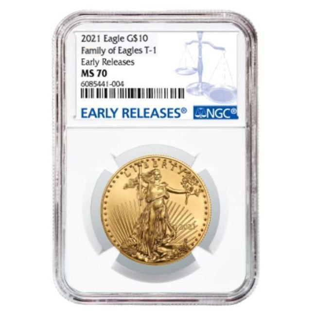 美国. 2021 1/4 oz $10 USD American Gold Eagle Family of Eagles T-1 NGC MS-70 Early Releases #1.0