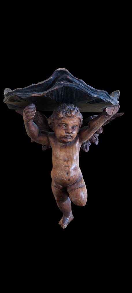 Escuela austriaca - Sculpture, Putto atlante barroco tallado en madera - 24 cm - Bois #1.0