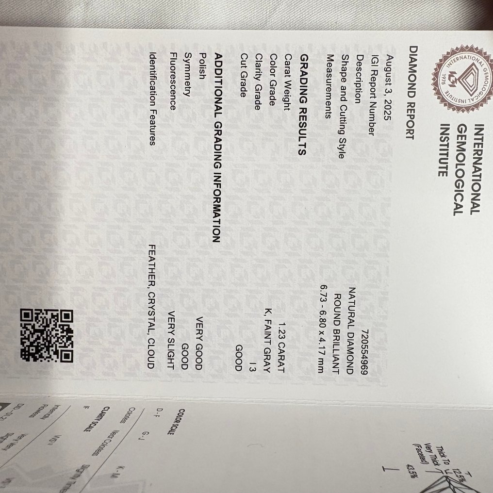 1 pcs Diamond  (Natural)  - 1.23 ct - Round - K - I3 - International Gemological Institute (IGI) #3.2