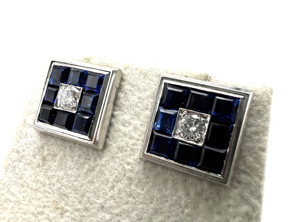 耳环 - 18K包金 白金 -  0.20ct. tw. 钻石 (天然)  - 蓝宝石 #2.1