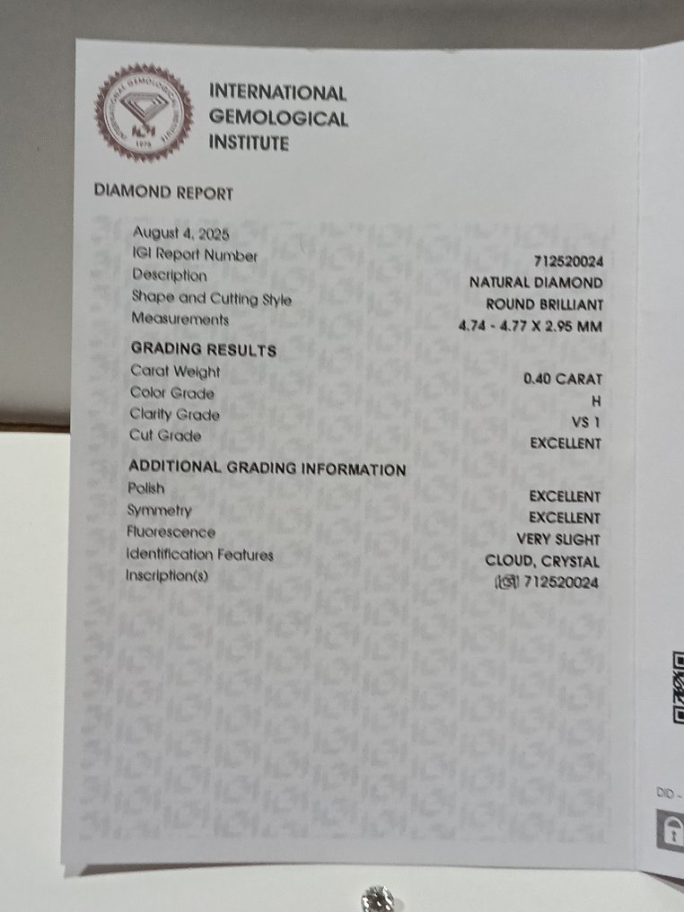 1 pcs 鑽石 (天然) - 0.40 ct - 圓形 - H(次於白色的有色鑽石) - VS1 - 國際寶石學院(International Gemological Institute (IGI)) - *3EX VSL* #4.3