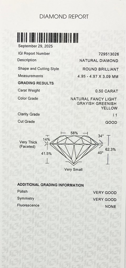 χωρίς τιμή ασφαλείας - 1 pcs Διαμάντι (Φυσικού χρώματος) - 0.50 ct - Στρογγυλό - Fancy light Γκριζωπό, Πρασινωπό Κίτρινο - I1 - International Gemological Institute (IGI) #4.3