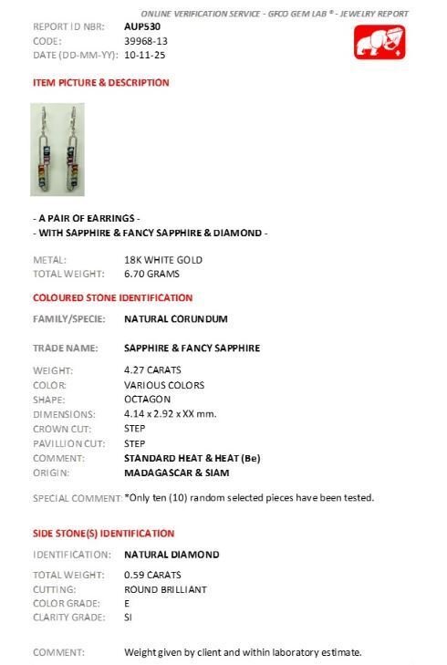 Drop fülbevaló - 18 kt. Fehér arany - 4.86ct. tw. Zafír - Gyémánt - GFCO Tanúsítvány #3.2