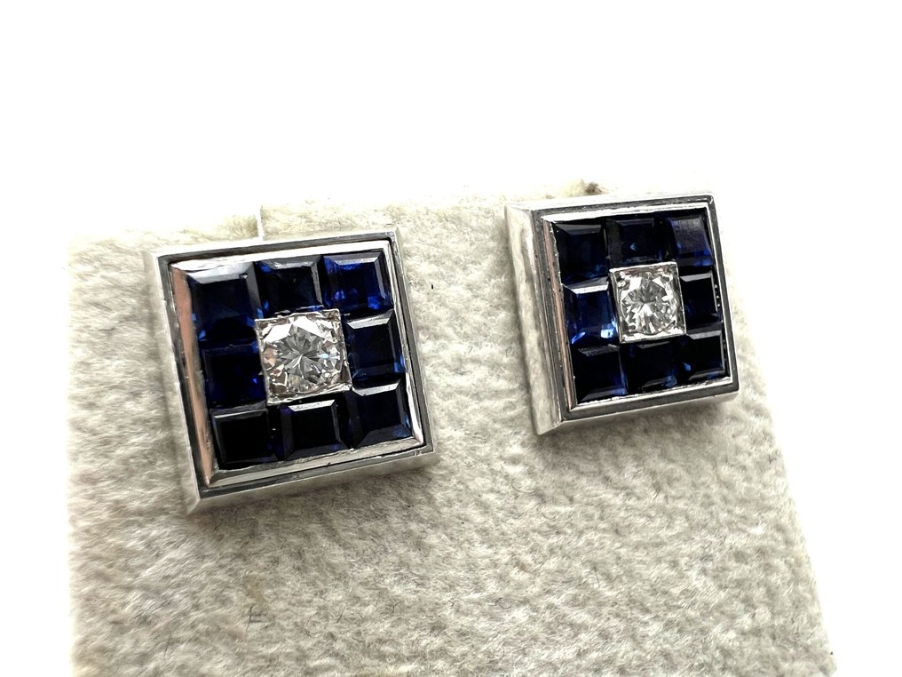 耳环 - 18K包金 白金 -  0.20ct. tw. 钻石 (天然)  - 蓝宝石 #1.0