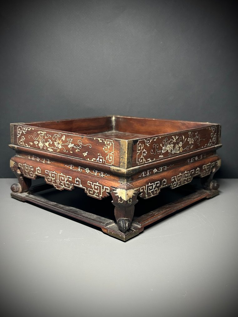 精美古董越南珍珠母木托盘，南定，19x19厘米，状况极佳 - 珍珠母, 木材, 花梨木 - 中國 - 清朝（1644-1911） #3.2