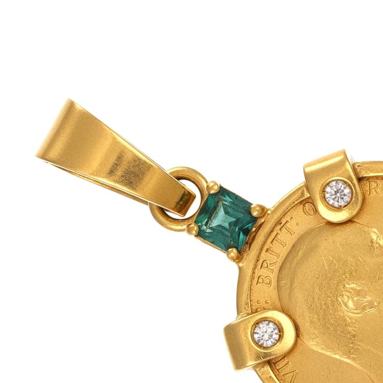 Vedhæng - 18 kraat Gulguld, Moneta Sterling 22 Kt indlagt -  0.51ct. tw. Smaragd - Diamant #4.3