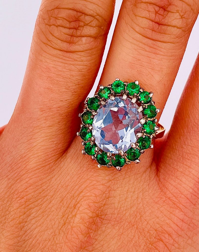 Ingen mindstepris - Ring - 9 kt. Gulguld, Sølv Akvamarin - Smaragd #2.1