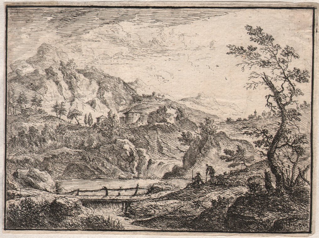 Peter van Bemmel (1685 - 1754) - Landscape with waterfall and walker #1.0