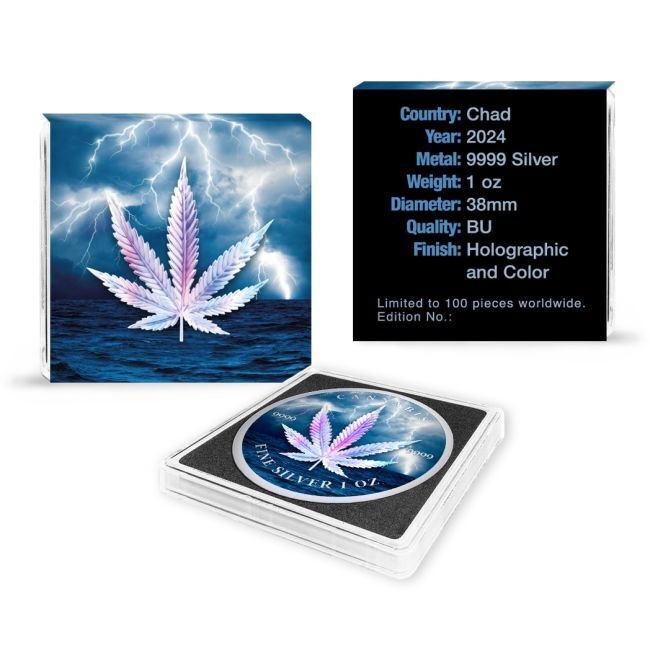 Tchad. 5000 Francs 2024 1 oz Chad Cannabis Storm Holographic Colorized Silver Coin #1.0