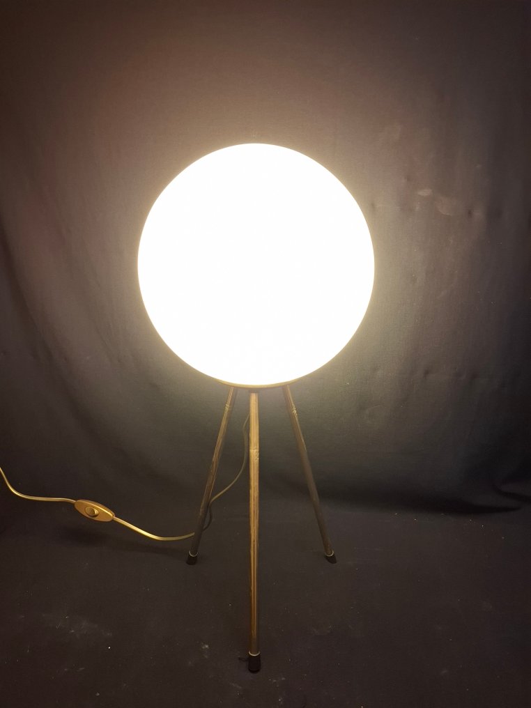 Table lamp - brass and glass - 1950s tripod lamp with brass base and frosted glass globe. #3.2