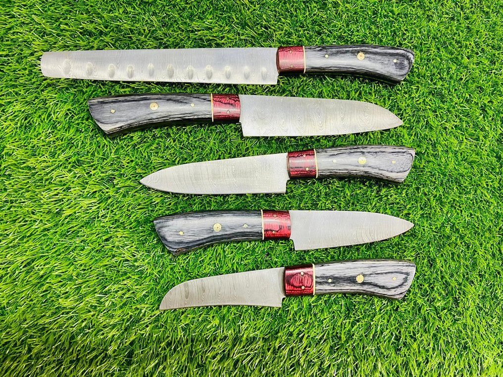 Keittiöveitsi - Kitchen knife set -  Keittiö- ja grilliveitsisetti (NA 0018) - Amerikkalainen erilainen eksoottinen puukahvainen ja terä, valmistettu 1095/15N20 Folded Steel - Yhdysvallat - Keittiö- ja grillaussetti #1.0