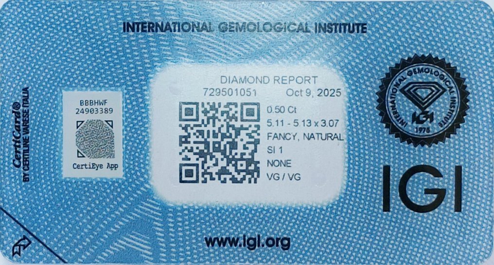 Fără preț de rezervă - 1 pcs Diamant (Colorat natural) - 0.50 ct - Rotund - Fancy light Cenușiu, verzui Galben - SI1 - IGI (Institutul gemologic internațional) #3.2