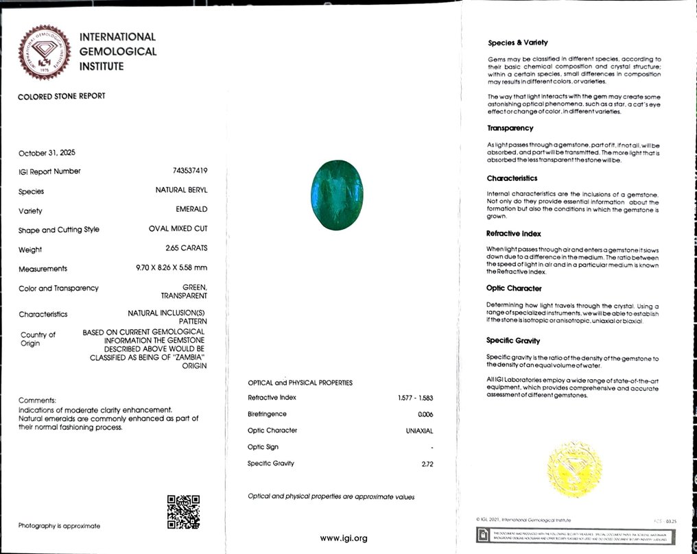 Smaragd - 2.65 ct - International Gemological Institute (IGI) #2.1