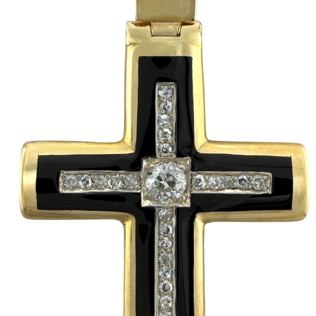 Κρεμαστό κόσμημα - 14 καράτια Κίτρινο χρυσό, Αποκλειστικό Ρωσικό 56K (14K) Κίτρινο Χρυσό, σμάλτο και κρεμαστό σταυρό με διαμάντια 0,40 καρατίων -  0.40ct. tw. Διαμάντι (Φυσικό)  #2.1