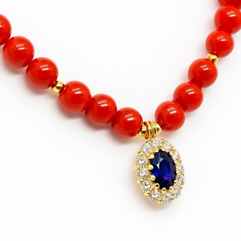 Sans prix de réserve - Collier avec pendentif - 18 carats Or jaune - 0.87ct. tw. Saphir - Diamant #2.1