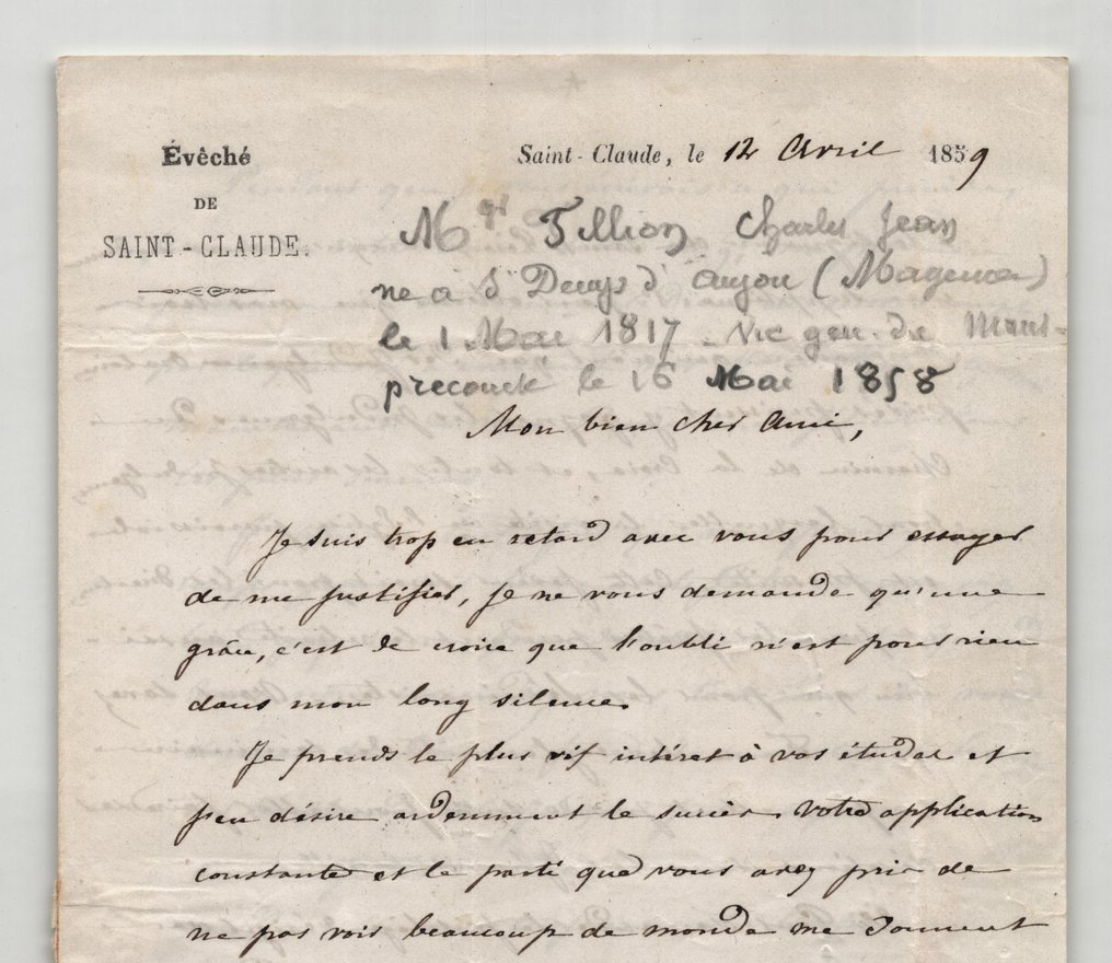 Charles Jean Tillion, évêque de Saint-Claude - Lettre autographe signée - 3 timbres du Second Empire - 1859 #1.0
