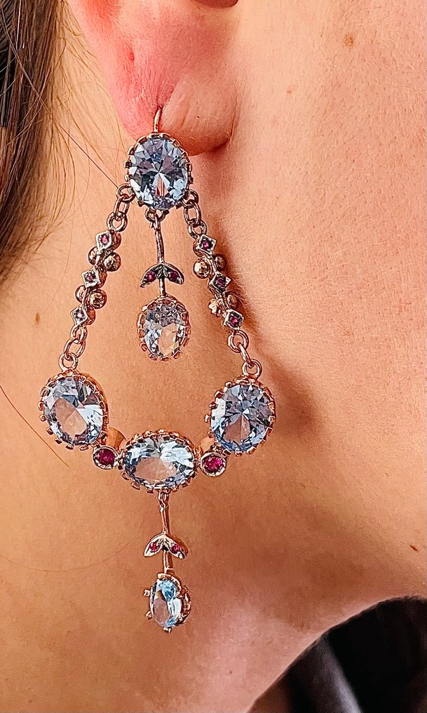 没有保留价 - 耳环 - 9 kt. 玫瑰金, 银 海蓝宝石 - 红宝石 #2.1