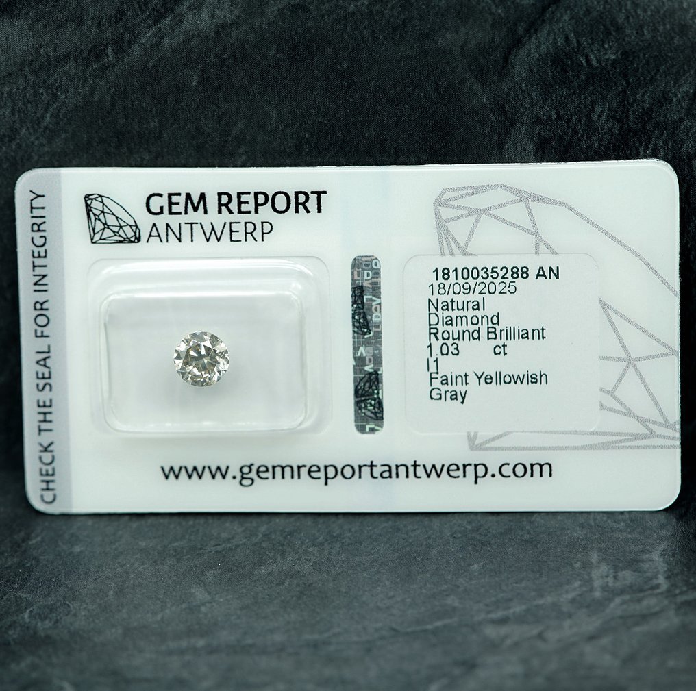 1 pcs Timantti  (Luonnonvärinen)  - 1.03 ct - Pyöreä - Faint Kellertävä Harmaa - I1 - Jalokivitodistus, Antwerpen (GRA) #1.0