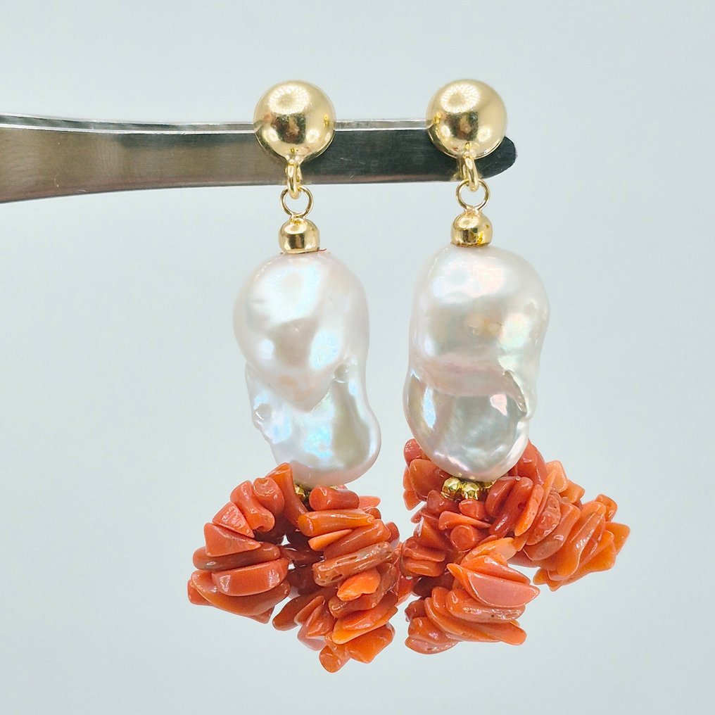 紅珊瑚 - 銀, 鍍金 - 耳環 - 珍珠与红珊瑚 #3.2