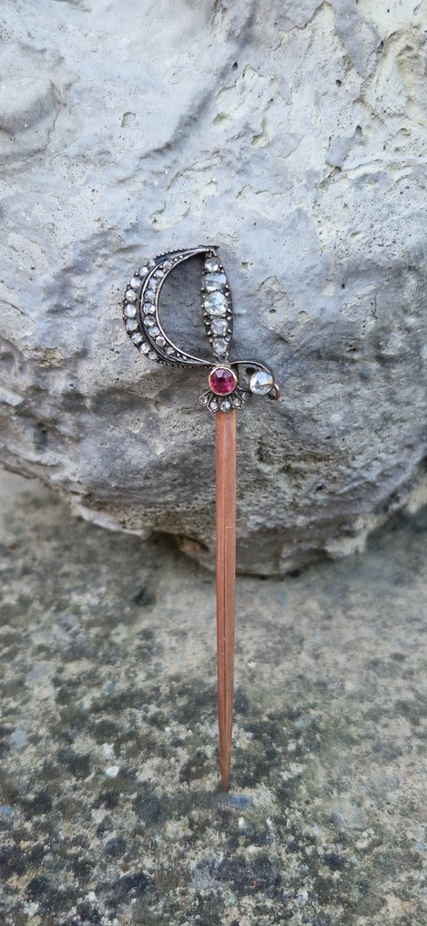 没有保留价 - 胸针 - 9 kt. 银, 玫瑰金 红宝石 - 钻石 #1.0