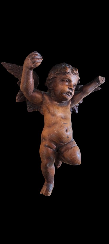 Escuela austriaca - Sculpture, Putto atlante barroco tallado en madera - 24 cm - Bois #2.1