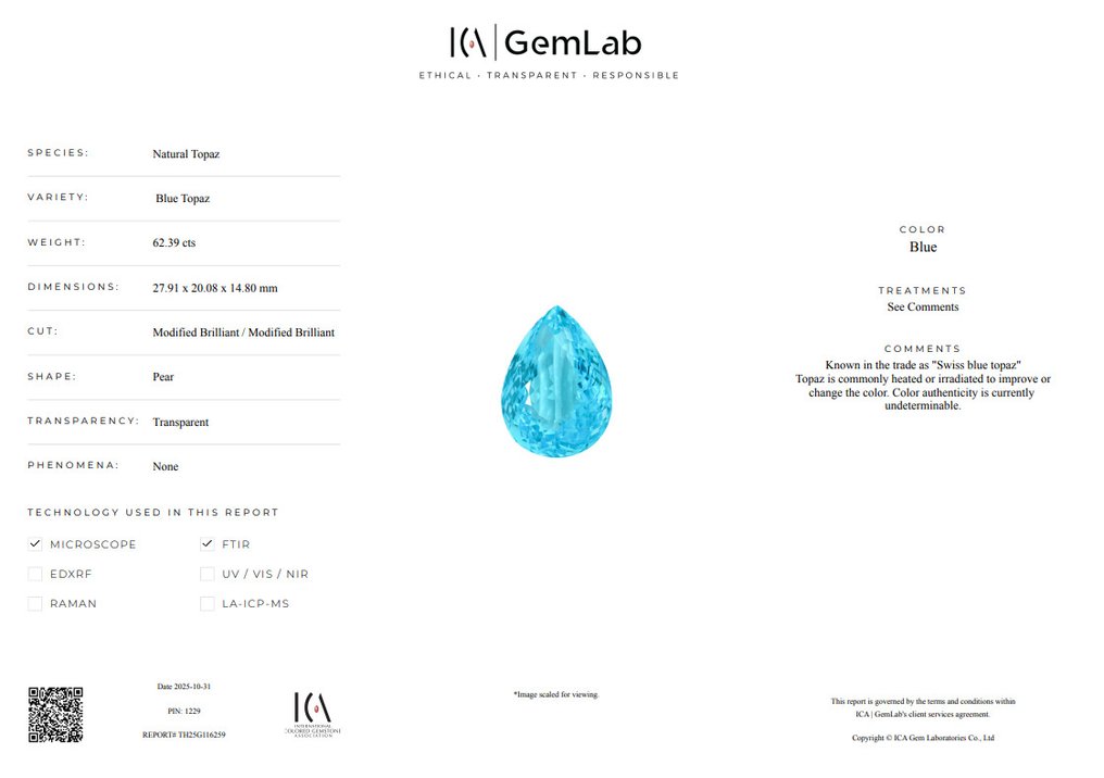 χωρίς τιμή ασφαλείας - 1 pcs Μπλε Τοπάζιο - 62.39 ct - Διεθνής Ένωση Έγχρωμων Πολύτιμων Λίθων (ICA GemLab) - Swiss Blue Topaz #4.3