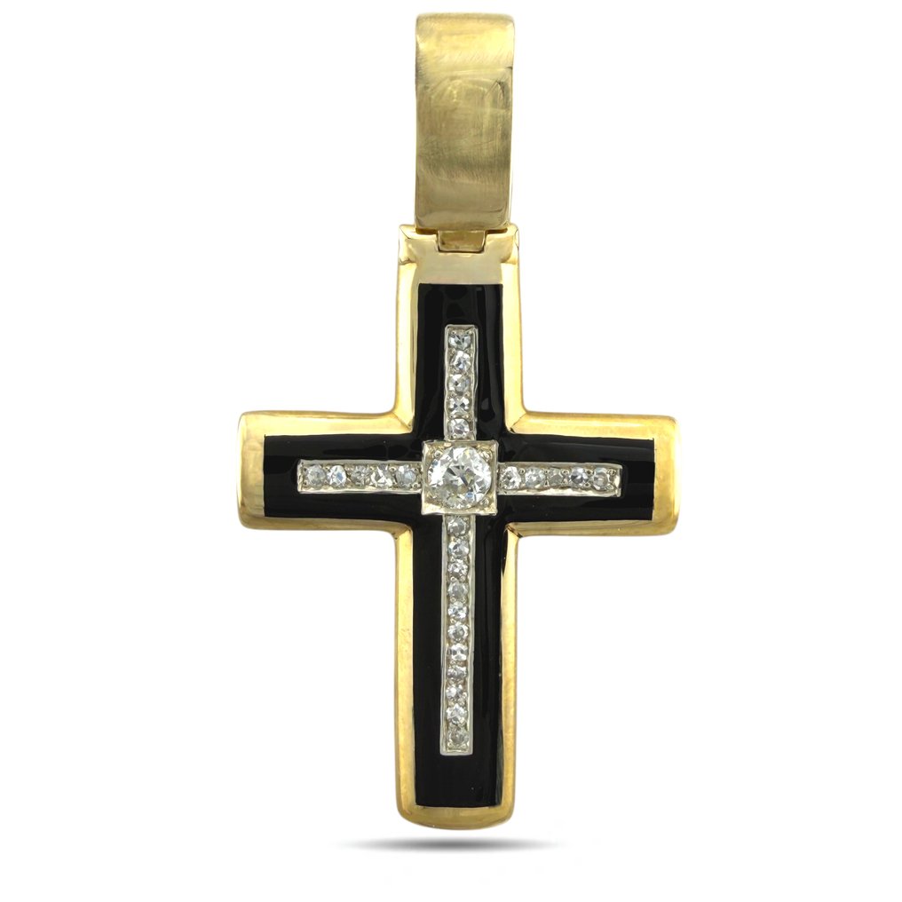 Κρεμαστό κόσμημα - 14 καράτια Κίτρινο χρυσό, Αποκλειστικό Ρωσικό 56K (14K) Κίτρινο Χρυσό, σμάλτο και κρεμαστό σταυρό με διαμάντια 0,40 καρατίων -  0.40ct. tw. Διαμάντι (Φυσικό)  #1.0