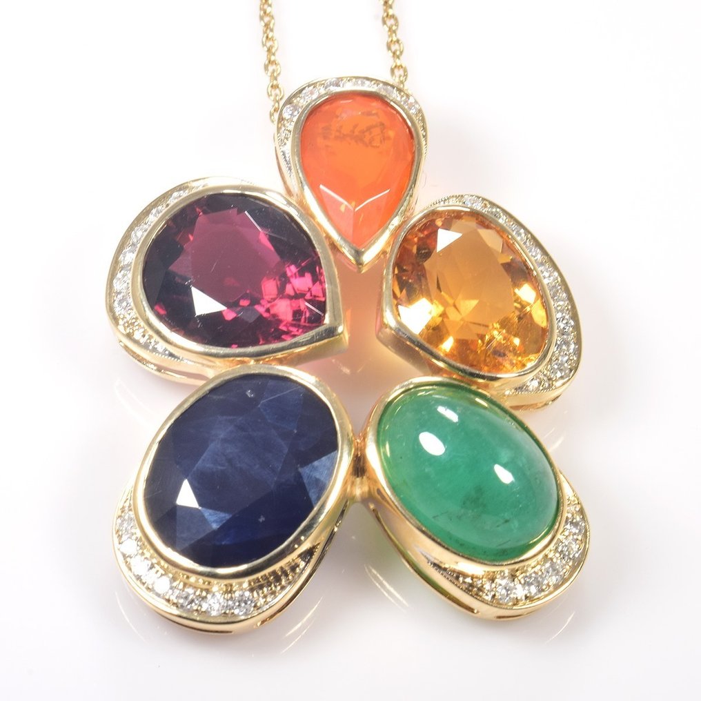 Collier avec pendentif - 14 carats Or jaune - 18.85ct. tw. Pierres précieuses variées - Diamant - Certificat GFCO #2.1