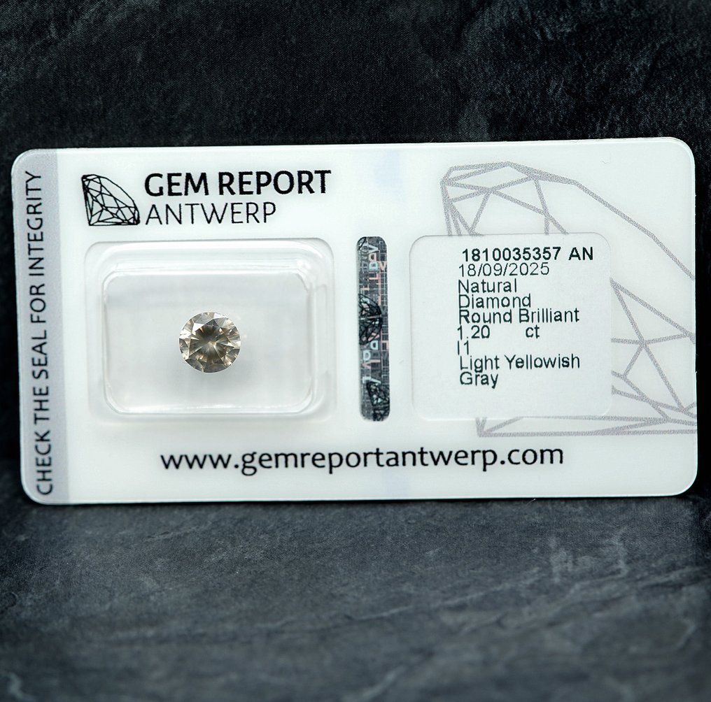 1 pcs Timantti  (Luonnonvärinen)  - 1.20 ct - Pyöreä - Light Kellertävä Harmaa - I1 - Jalokivitodistus, Antwerpen (GRA) #1.0