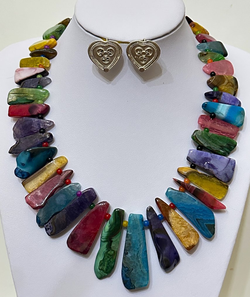 巴西天然多彩玛瑙（1345克拉），配925纯银拉丁十字架 - 3套珠宝 - 高品质。925 银 #1.0