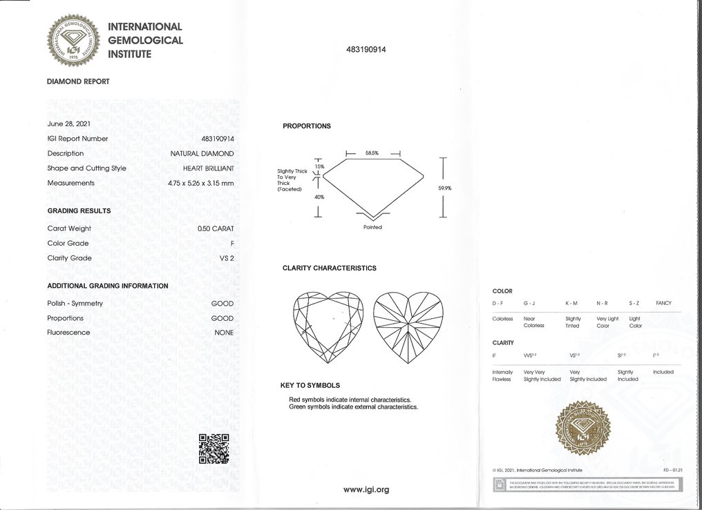 1 pcs 钻石  (天然)  - 0.50 ct - 心形 - F - VS2 轻微内含二级 - 国际宝石研究院（IGI） #3.2
